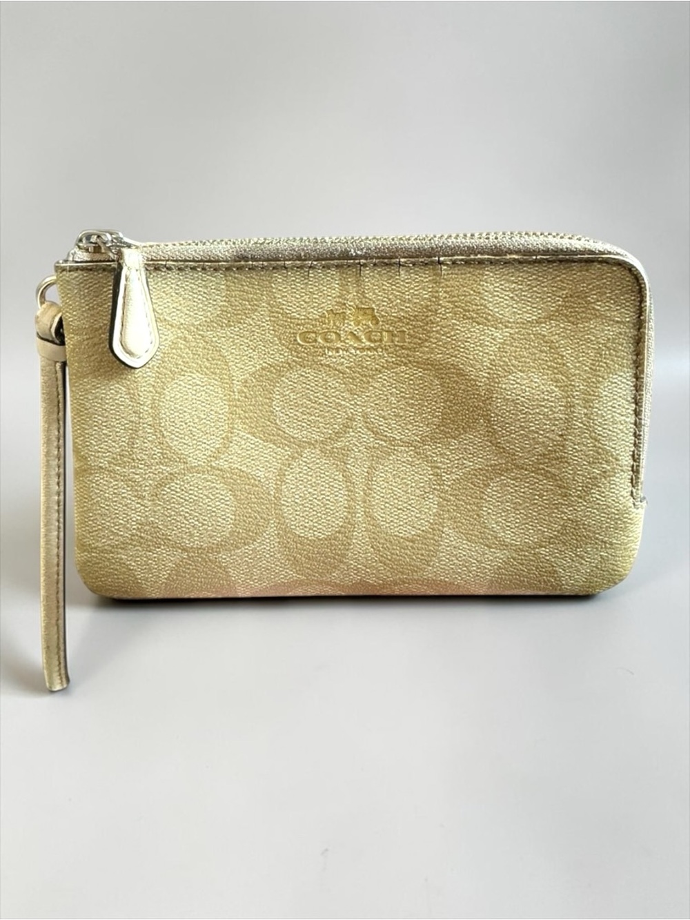 Coach Signature Double Zip Wristlet Wallet Gold Khaki Leather